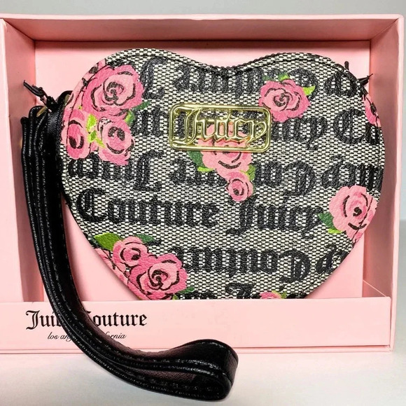 Juicy Couture Black Blossoms Heart Wristlet & Pom Pom Keychain Charm Gift Set - Picture 3 of 8